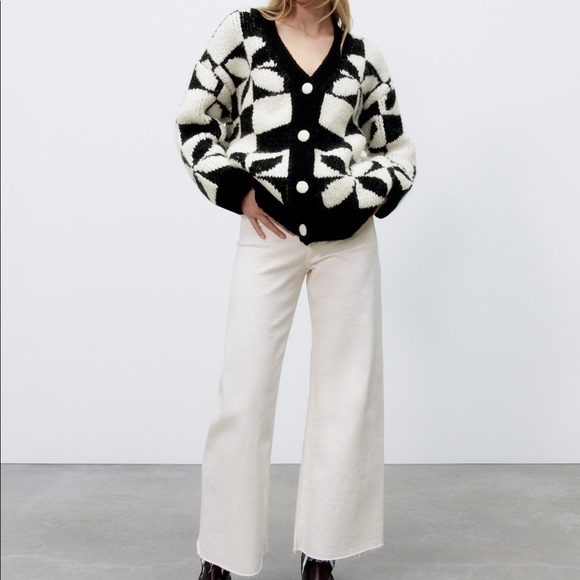 Zara Checkered Knit Jacquard Cardigan Jacket Size Medium M NWT
